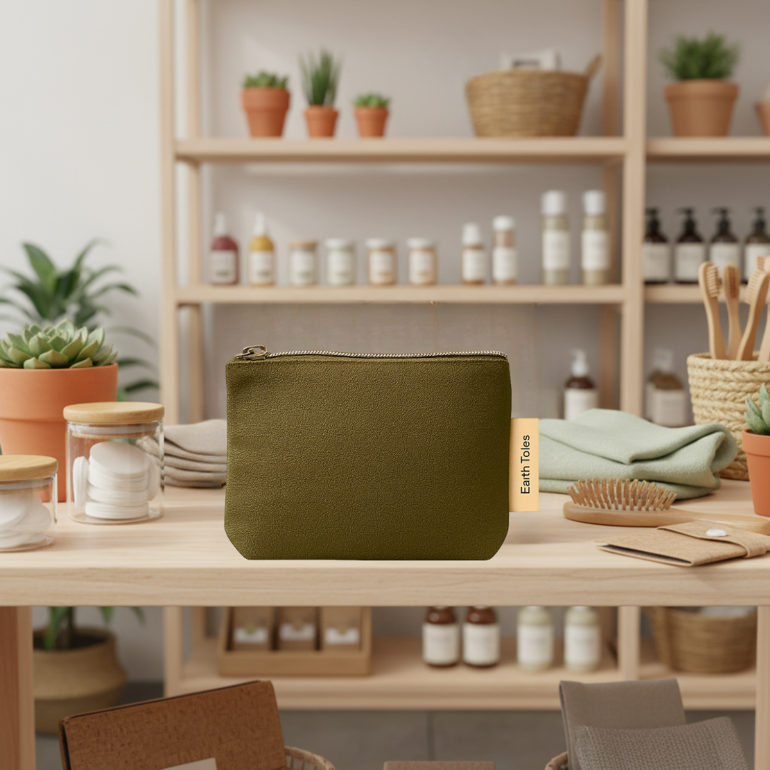 ESME khaki pouch on a wooden table with a blurred background of shelves with plants and bottles