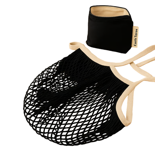 LIZZIE DUOOrganic cotton mesh bag black with toiletry cosmetic matching pouch duo Earth Totes