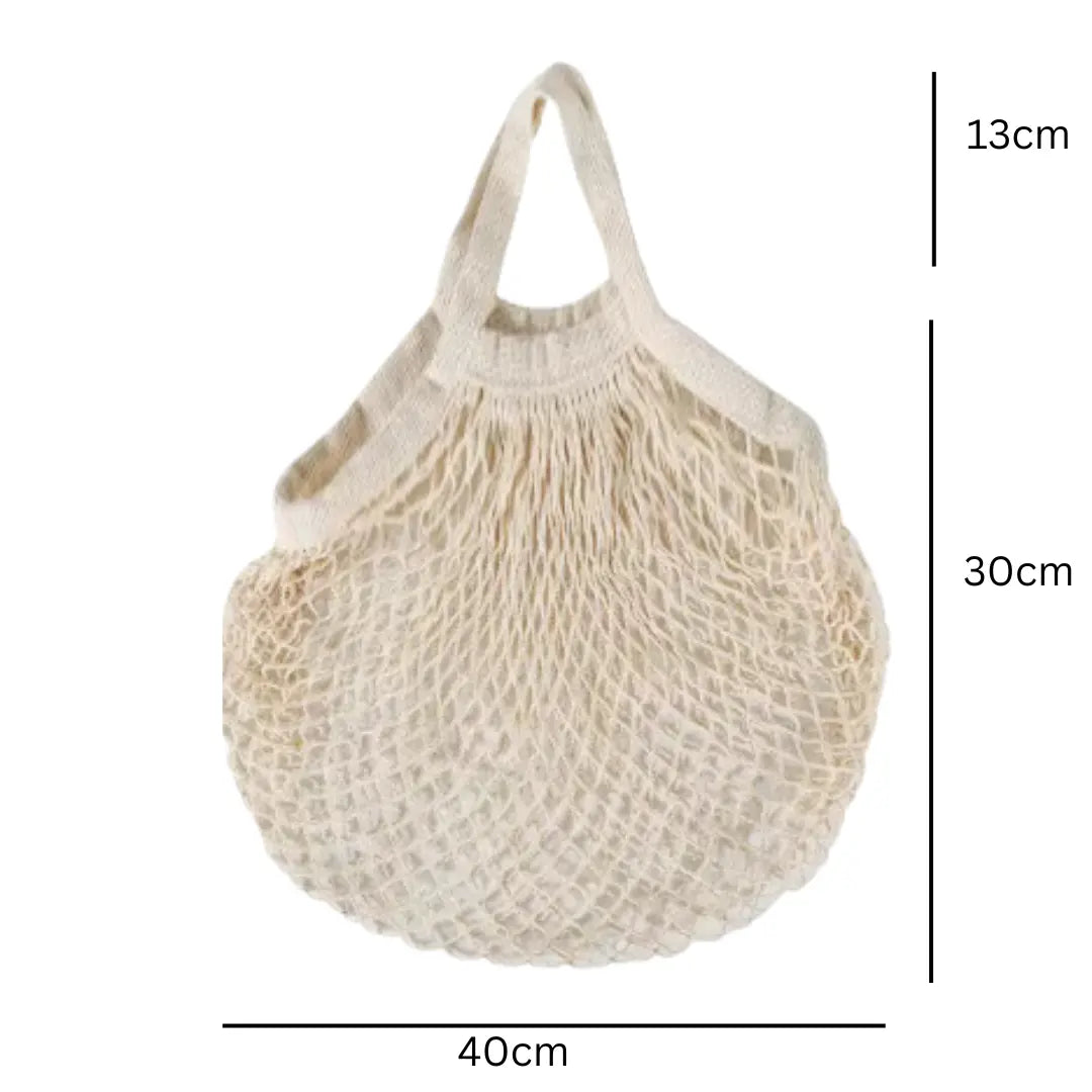 natural colour mesh net bag showing dimensions 30 x 40 cm with 13cm handle