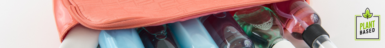 toiletry bag with products and label plantbased