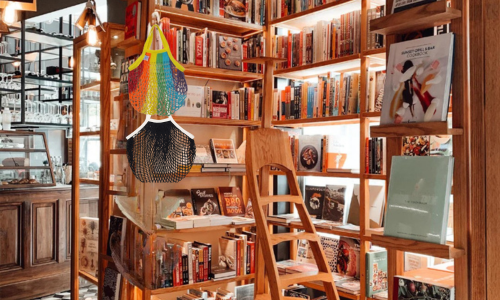 Earth Totes mesh bags hanging in book store