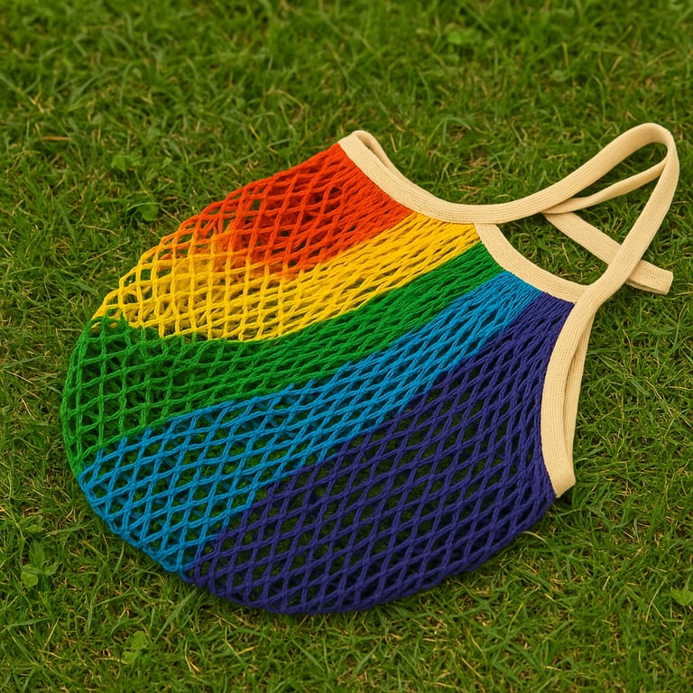 rainbow mesh bag on grass