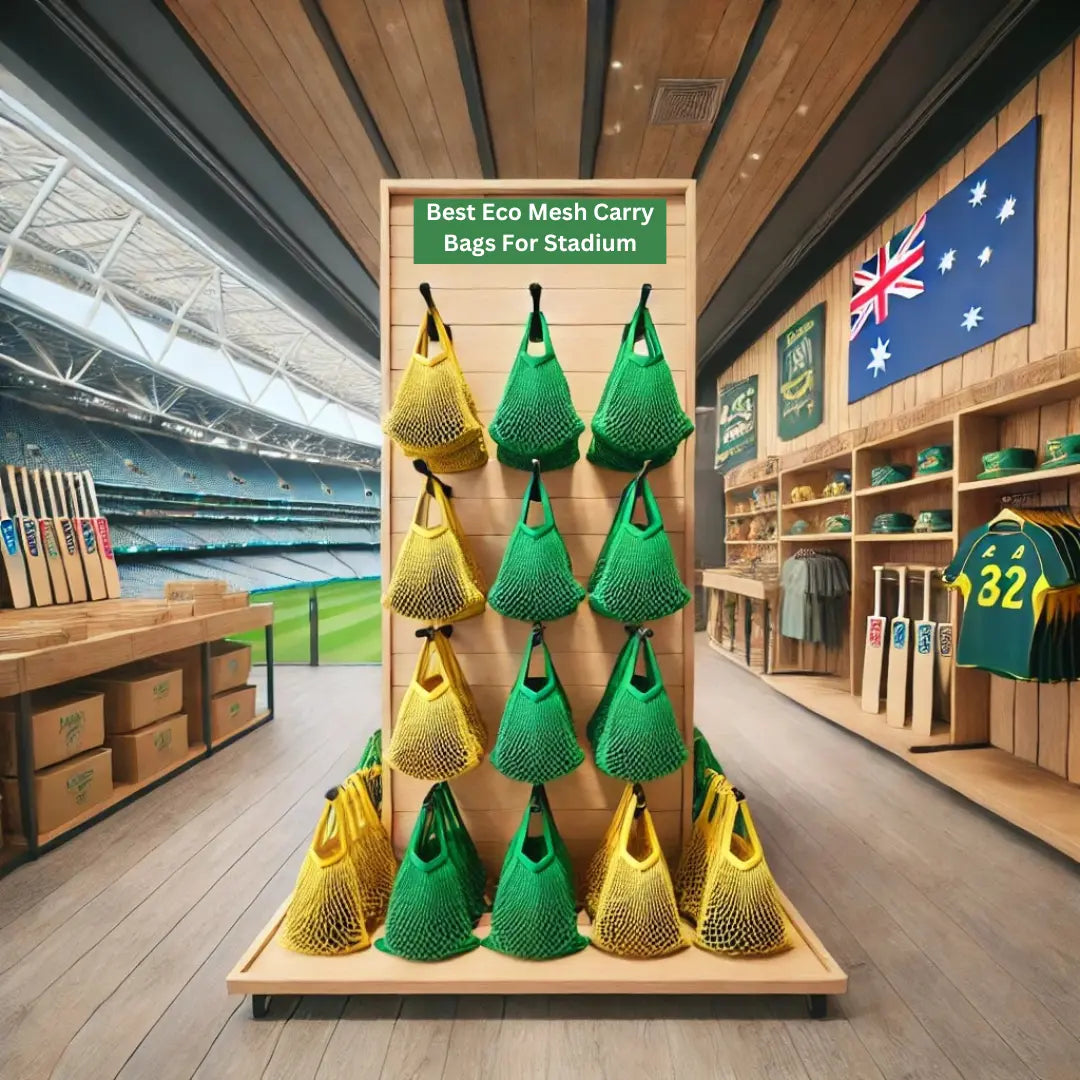 yellow and green mesh net bags for sale in Australian stadium shop