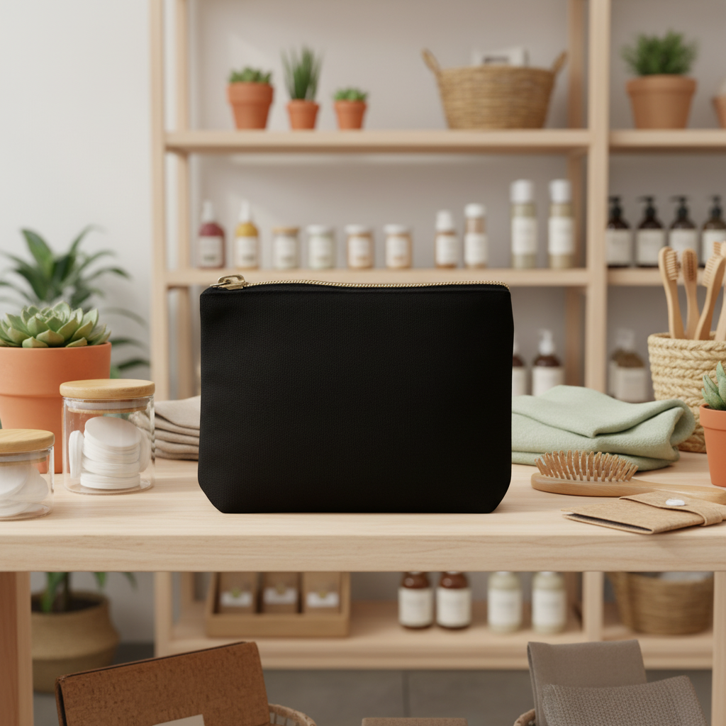 ESME black pouch on a wooden table with a blurred background of shelves with plants and bottles