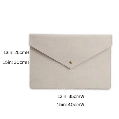 EVA laptop sleeve showing dimensions for 13" (25cmH x 35cmW) and 15" (30cmH x 40cmW)