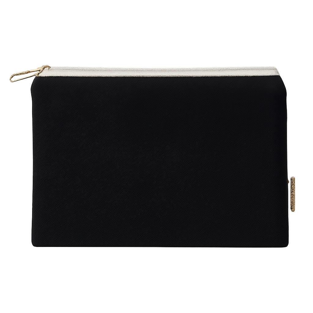 Black pouch with gold zipper on a white background