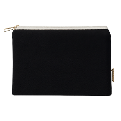 Black pouch with gold zipper on a white background