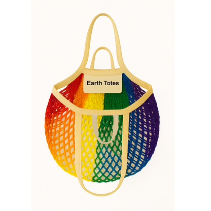 Rainbow mesh tote bag with 'Earth Totes' label on a white background