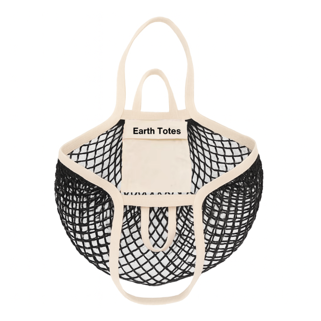 Black mesh tote bag with beige handles on a white background, featuring 'Earth Totes' branding.