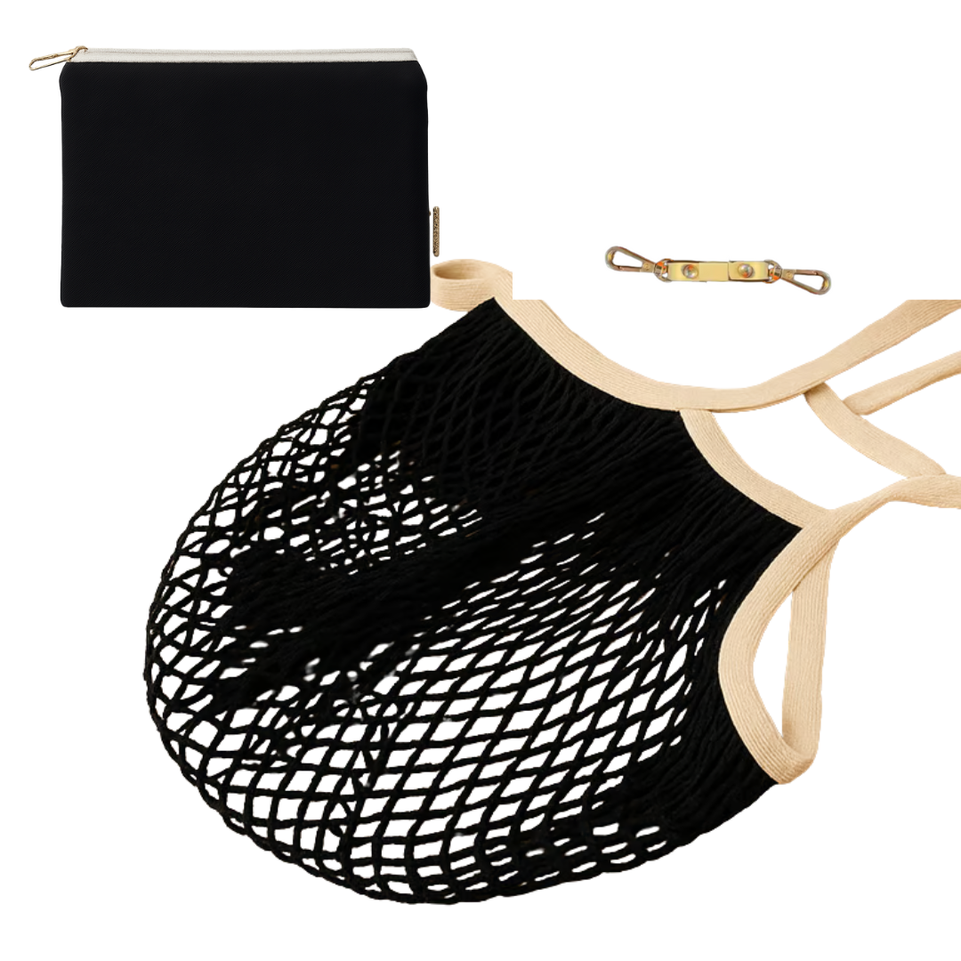 Black mesh bag, black clutch, and beige shoulder strap on a white background