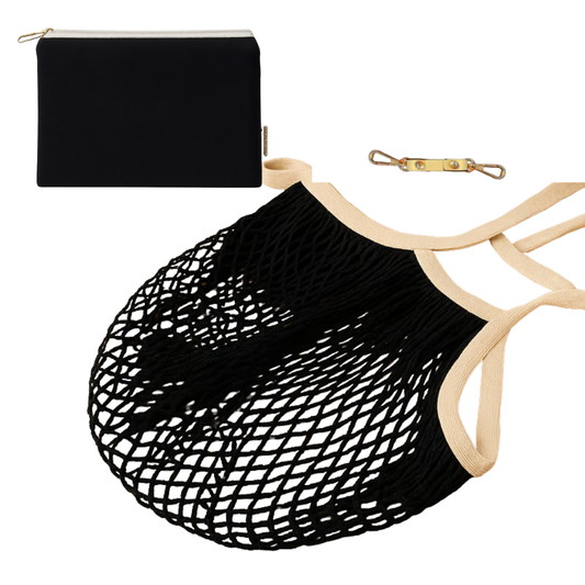 Black mesh bag, black clutch, and beige shoulder strap on a white background