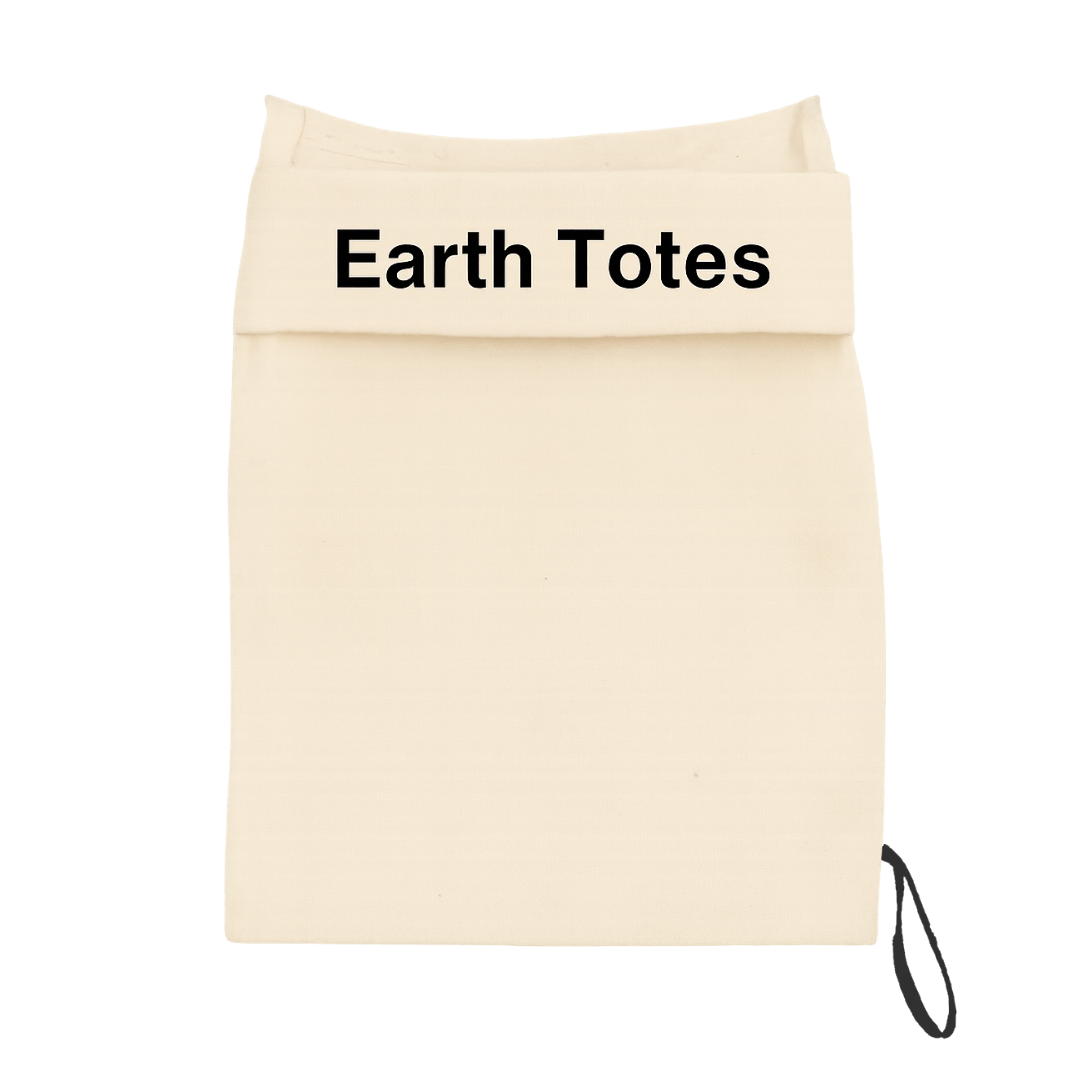 Beige tote bag with 'Earth Totes' text on a white background