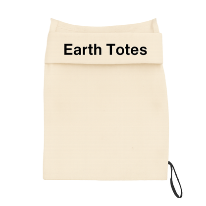 Beige tote bag with 'Earth Totes' text on a white background