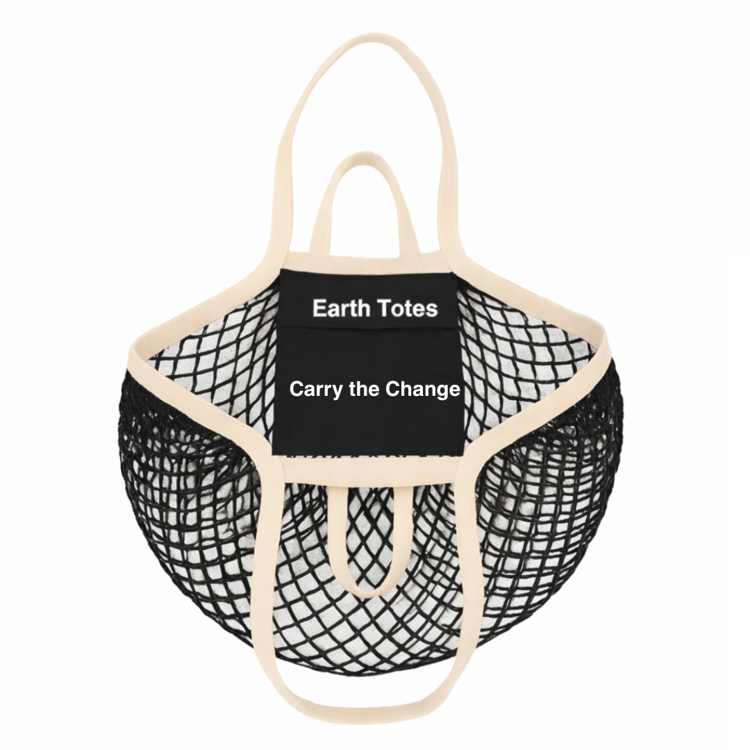 Earth Totes CECILE  pocket-fold black tote mesh bag with off white handles and internal pocket 