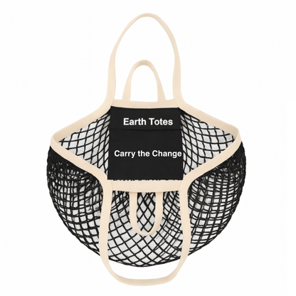 Earth Totes CECILE  pocket-fold black tote mesh bag with off white handles and internal pocket 