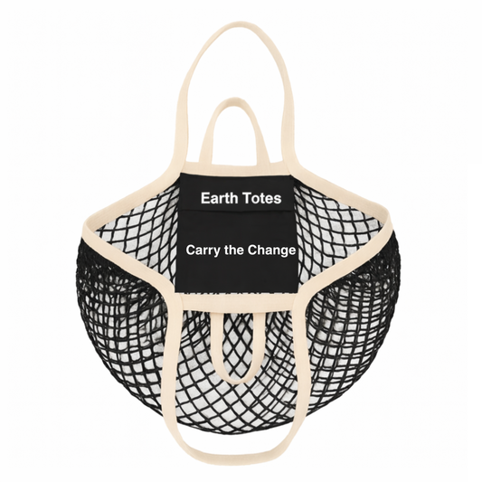 Earth Totes CECILE  pocket-fold black tote mesh bag with off white handles and internal pocket 