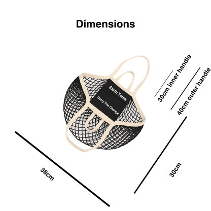 Black mesh bag Earth Totes with dimensions labeled 