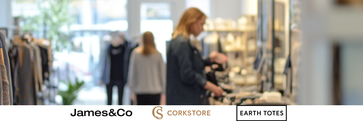 People shopping in a store with 'James&Co', 'Corkstore', and 'Earth Totes' logos displayed.