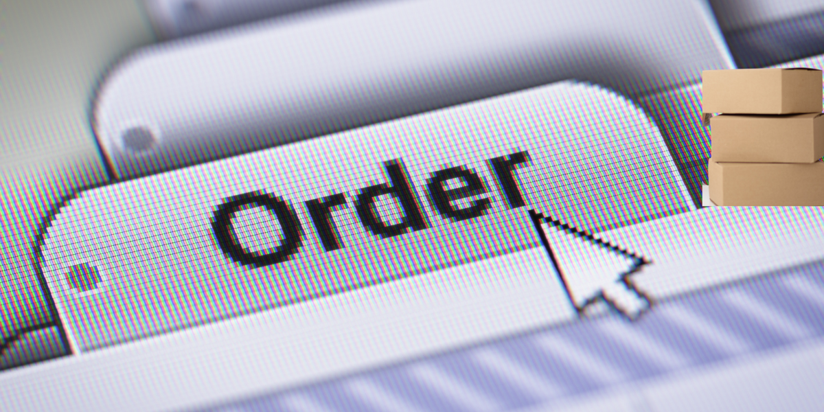 Computer screen with 'Order' text and a cursor, indicating an online order process.