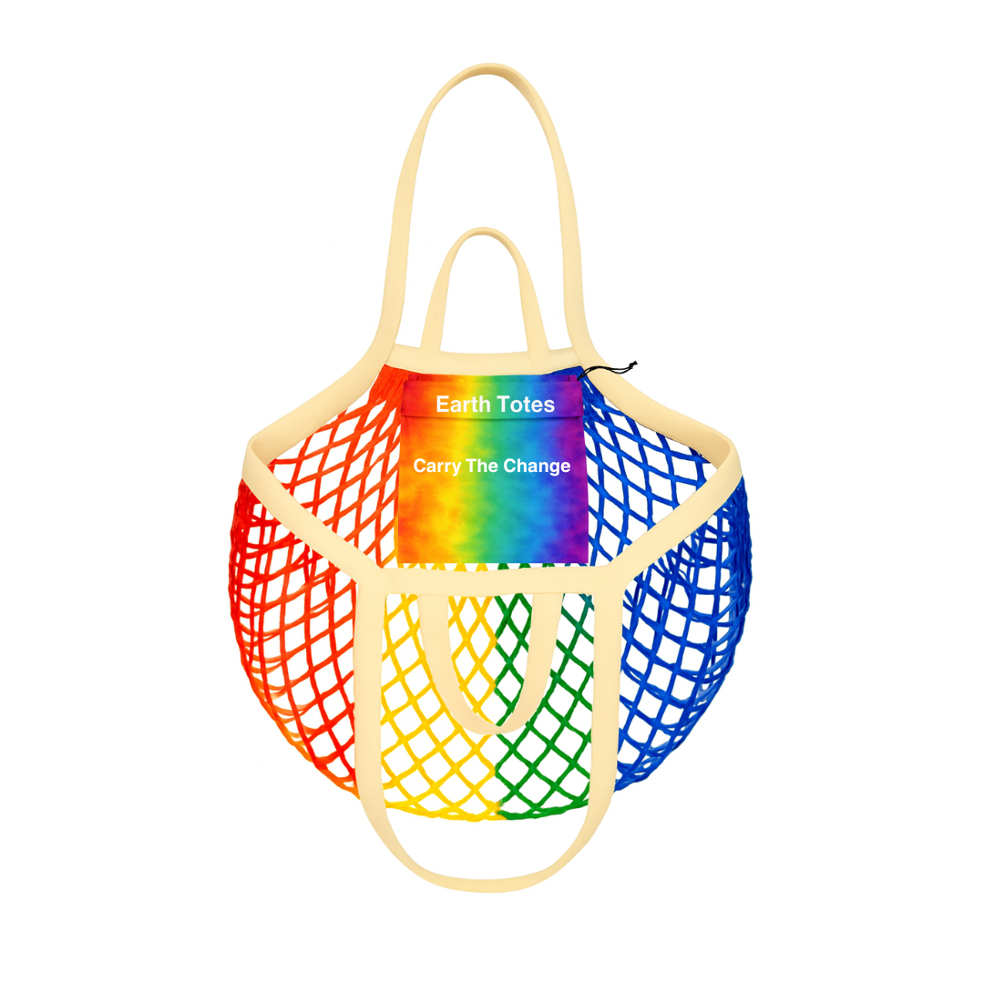 Rainbow mesh tote bag with rainbow pattern inner pocket and 'Earth Totes' branding 