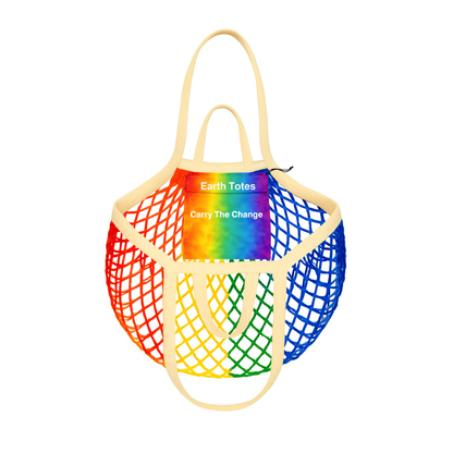 Rainbow mesh tote bag with rainbow pattern inner pocket and 'Earth Totes' branding 